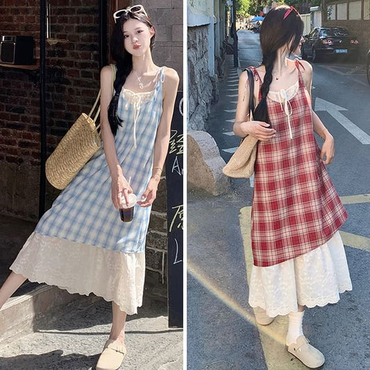 Two-Tone Plaid Panel Midi A-Line Dress with Thin Straps