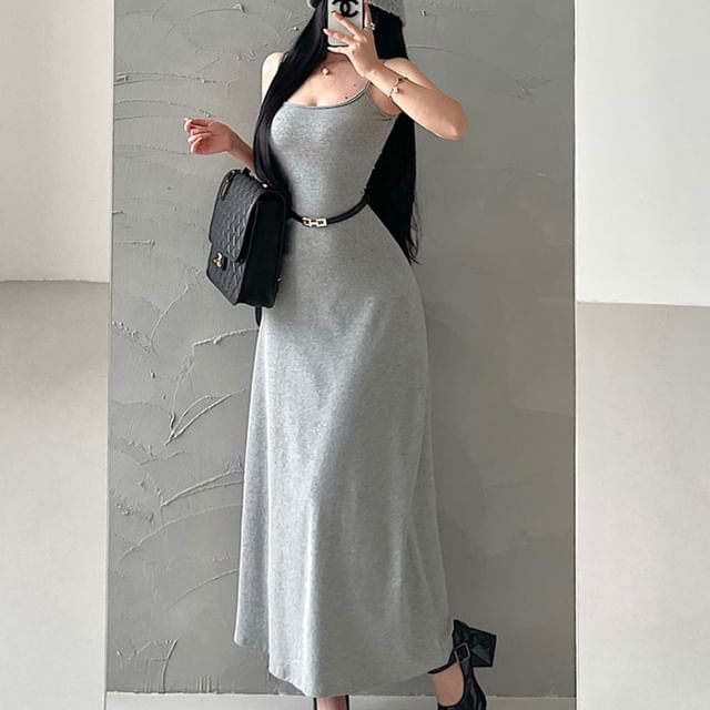 Set: Thin Strap Solid Maxi A-Line Dress + Belt