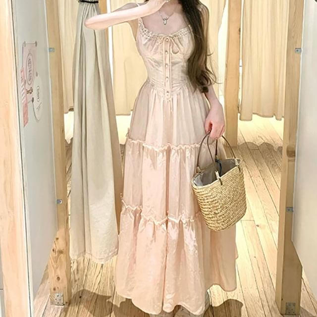 Solid Ribbed Cardigan / Thin Strap Lace Trim Ruffle Maxi A-Line Dress