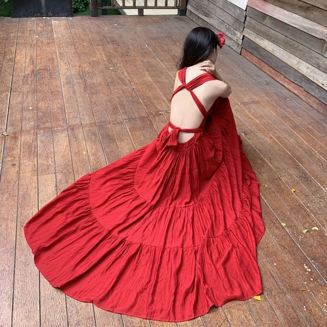 A-Line Plain Sleeveless Dress Maxi V-Neck