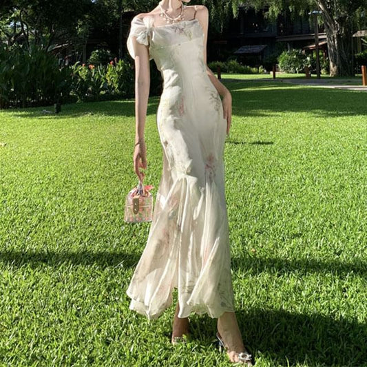 Spaghetti Floral Dress Strap Mermaid Maxi