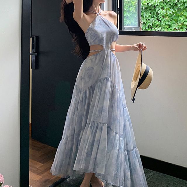 Floral A-Line Maxi Dress Halter Cutout