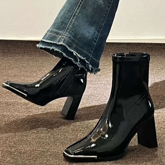 Plain Heel Boots Patent Chunky Short Leather Zip-Up