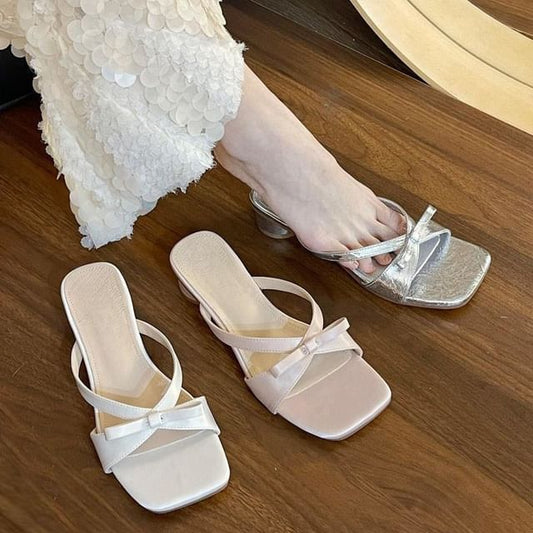 Faux Chunky Toe Leather Sandals Plain Bow Accent Square Heel