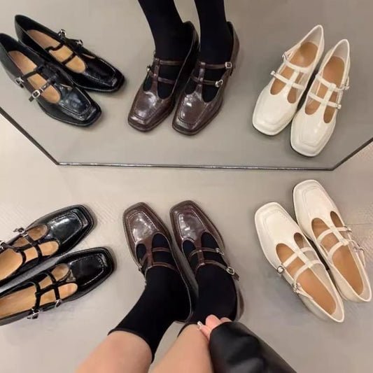 Chunky Heel Square Toe T-Strap Plain Mary Jane Pumps