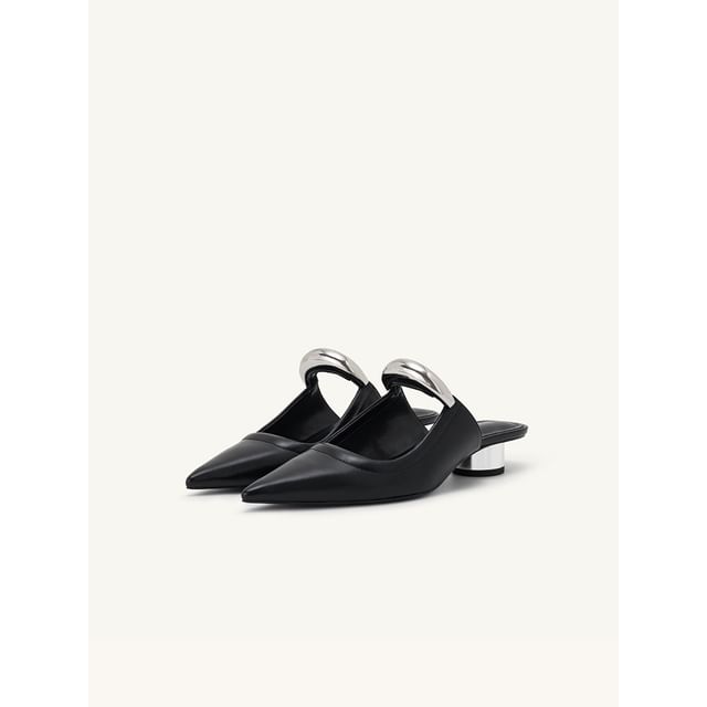 Accent Pointed Toe Chunky Mules Metal Leather Heel Faux