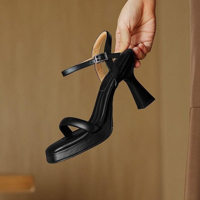 Ankle Strap Plain Square High Faux Heel Sandals Toe Leather