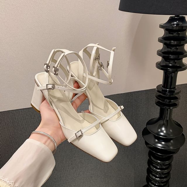 High Heel Faux Chunky Plain Sandals Square Top Leather Toe Buckled