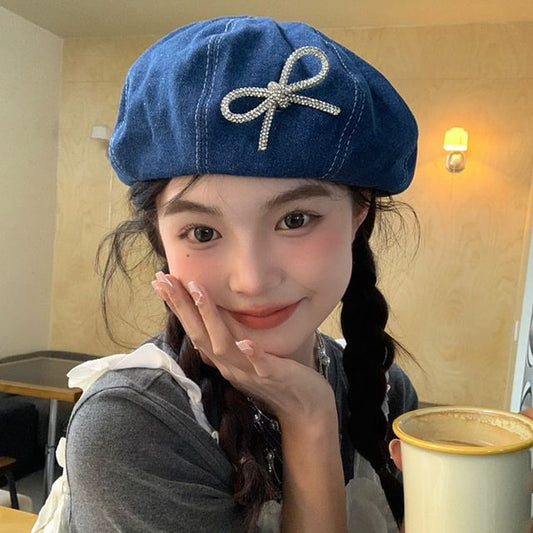 Beaded Ribbon Beret Denim