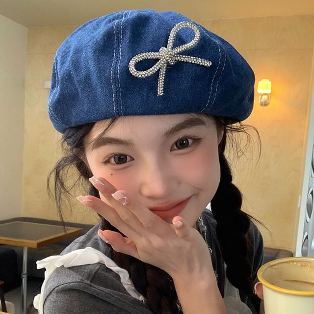 Beaded Ribbon Beret Denim