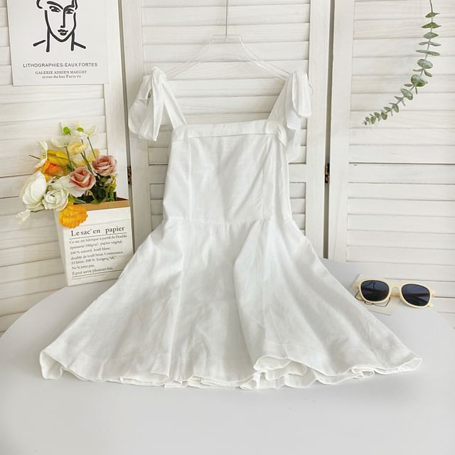Tie Shoulder Solid Mini A-Line Dress