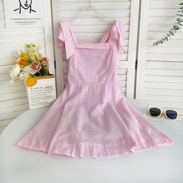 Tie Shoulder Solid Mini A-Line Dress