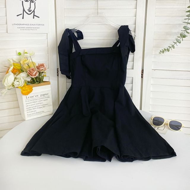 Tie Shoulder Solid Mini A-Line Dress