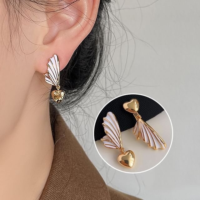 Asymmetrical Earring Heart Drop Clip Wing On