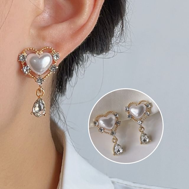 Rhinestone Pearl On Earring Faux Clip Heart Drop