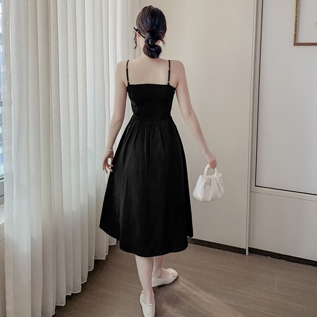 Puff-Sleeve Solid Light Jacket / Thin Strap Midi A-Line Dress