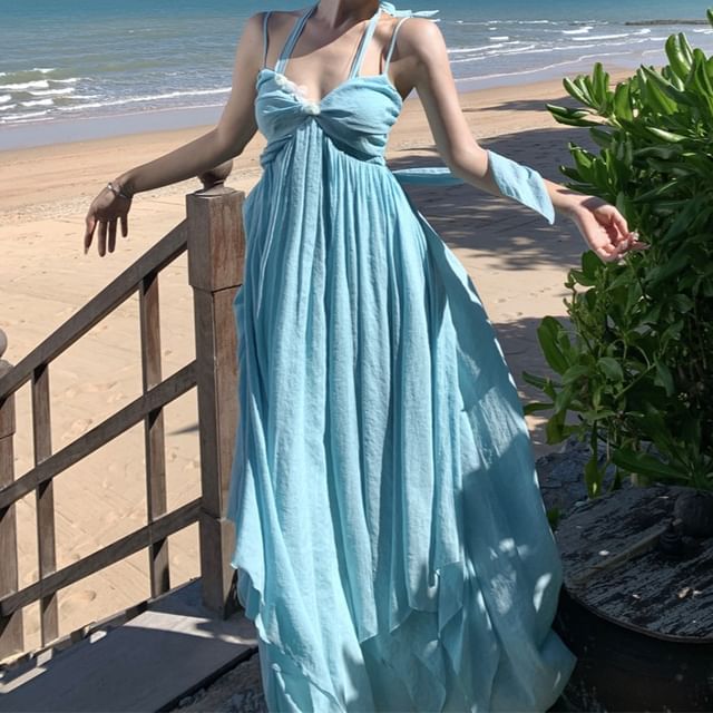 Spaghetti Strap Plain Slit Maxi A