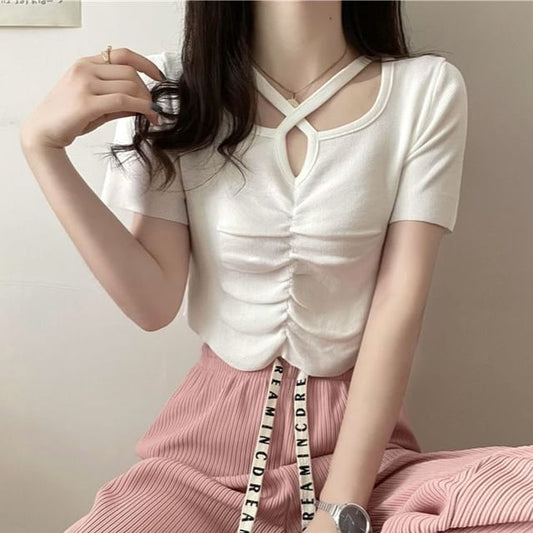 Criss Cross Short-Sleeve Knit Top Neck Plain Ruched Notch