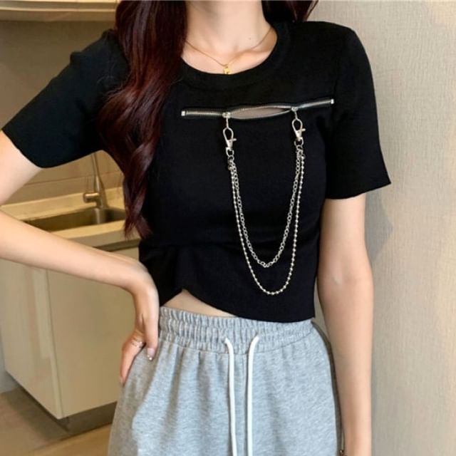 Short-Sleeve Neck Zip T-Shirt Crew Plain Chain