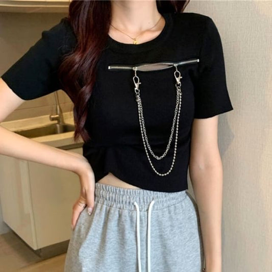 Short-Sleeve Neck Zip T-Shirt Crew Plain Chain