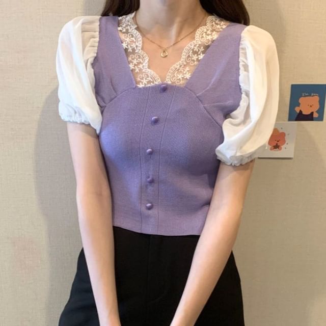 Top Embroidered V-Neck Button Short-Sleeve Panel