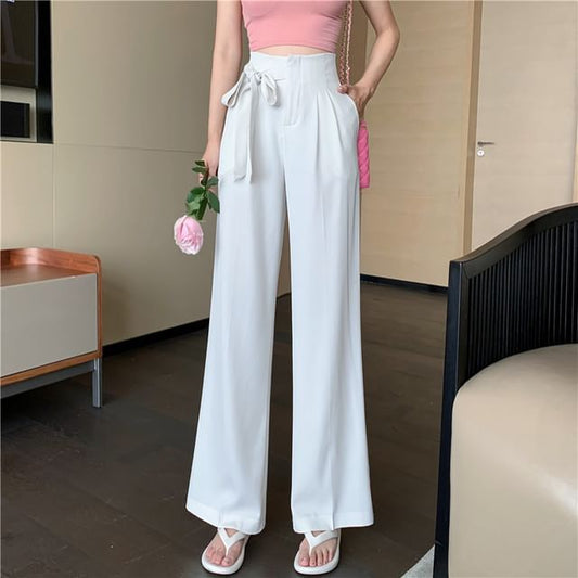 Wide Leg High Pants Dress Plain Tie-Up Waist