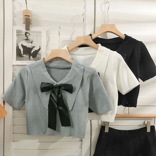 Knit Crop Bow Top Short-Sleeve Collared