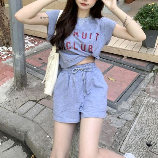 Plain Shorts Crew T-Shirt Drawstring Print Waist Short-Sleeve Set: + Lettering Neck