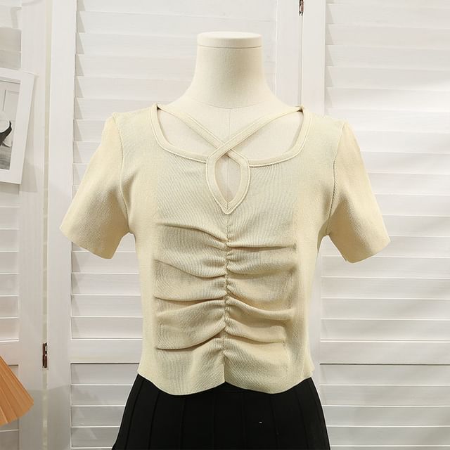Criss Cross Short-Sleeve Knit Top Neck Plain Ruched Notch