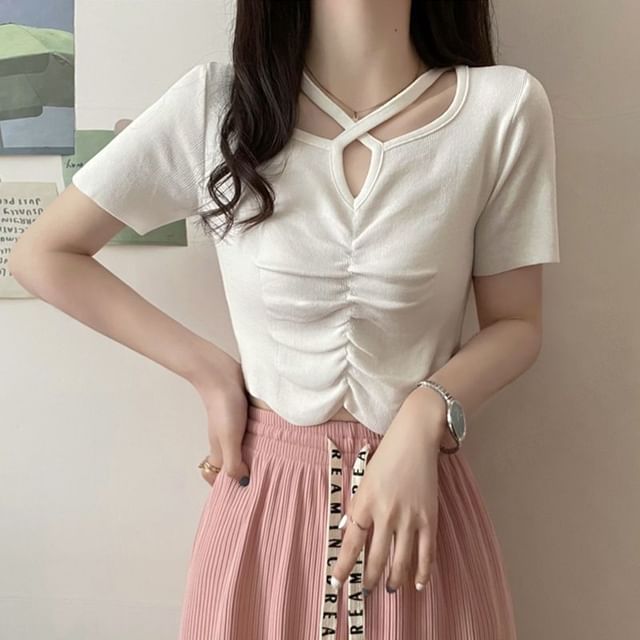 Criss Cross Short-Sleeve Knit Top Neck Plain Ruched Notch