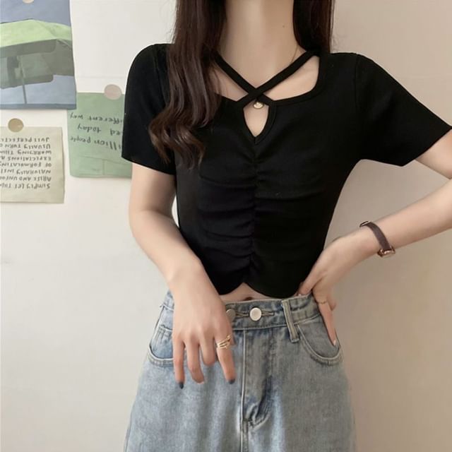 Criss Cross Short-Sleeve Knit Top Neck Plain Ruched Notch