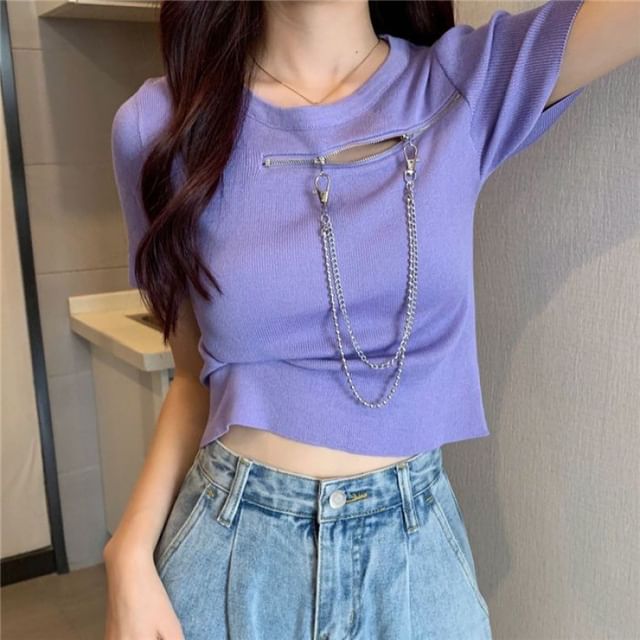 Short-Sleeve Neck Zip T-Shirt Crew Plain Chain