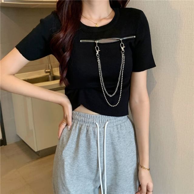 Short-Sleeve Neck Zip T-Shirt Crew Plain Chain