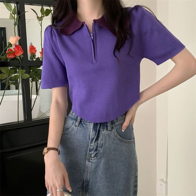 Collared Short-Sleeve Top Knit Half Zip