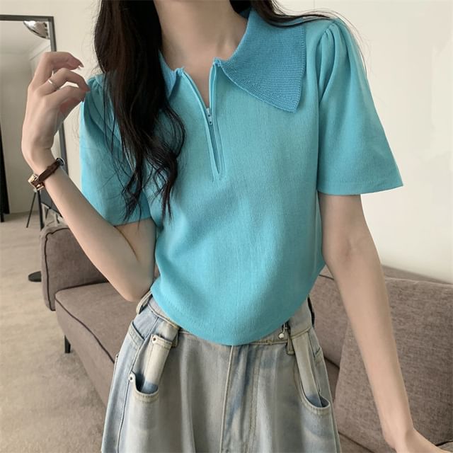 Collared Short-Sleeve Top Knit Half Zip