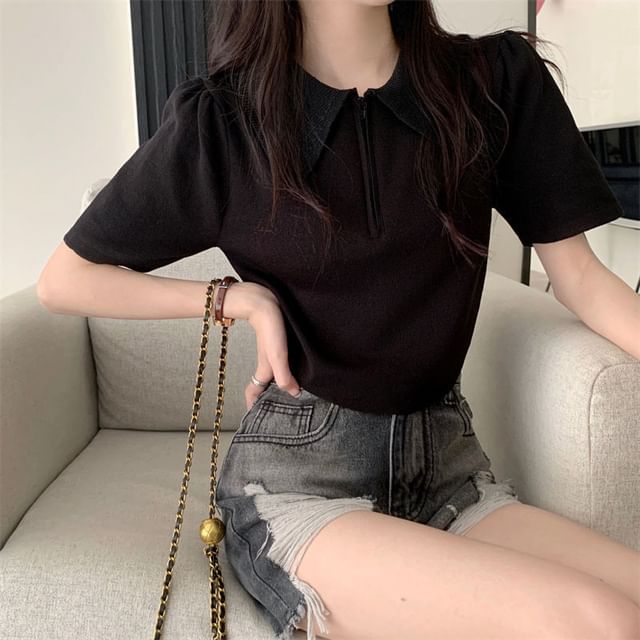 Collared Short-Sleeve Top Knit Half Zip