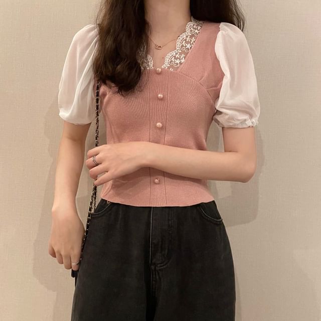 Top Embroidered V-Neck Button Short-Sleeve Panel