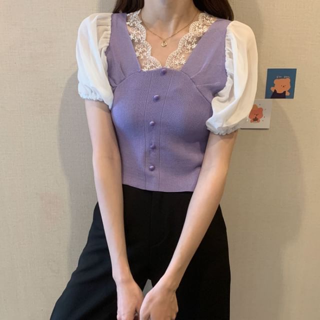 Top Embroidered V-Neck Button Short-Sleeve Panel