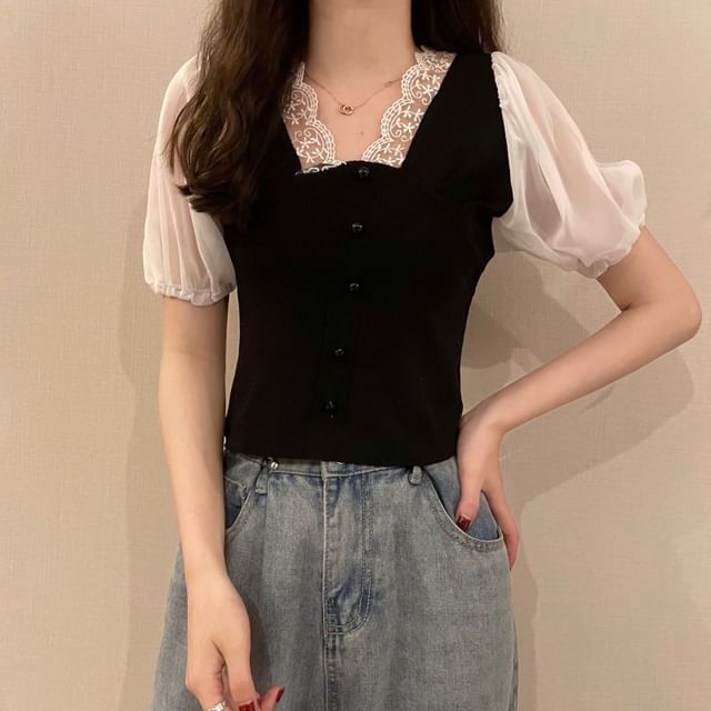 Top Embroidered V-Neck Button Short-Sleeve Panel