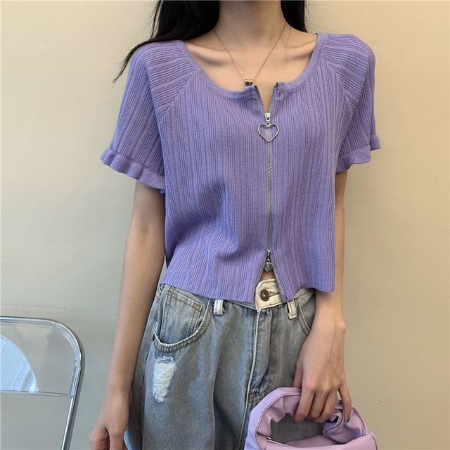 Neck Plain Short-Sleeve Round Ribbed Zip Cardigan