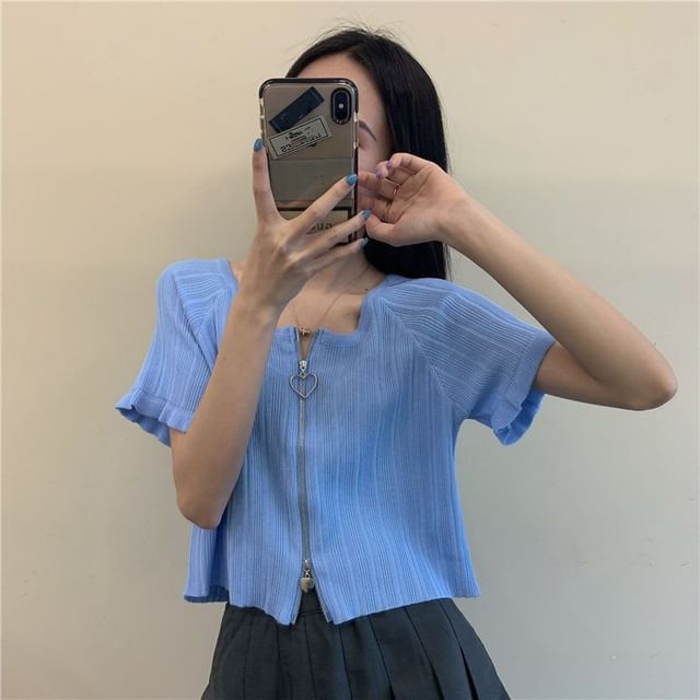 Neck Plain Short-Sleeve Round Ribbed Zip Cardigan