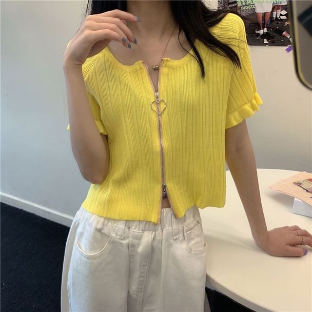 Neck Plain Short-Sleeve Round Ribbed Zip Cardigan