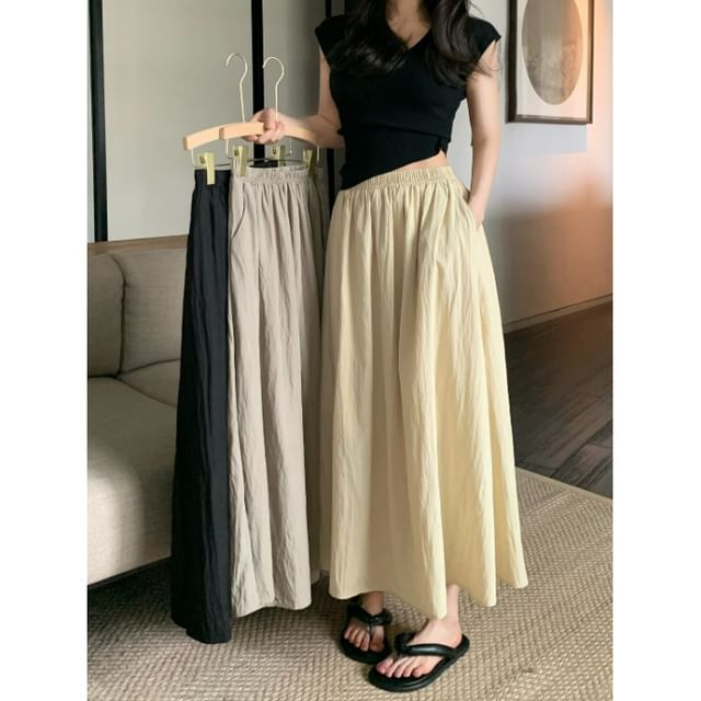 Waist A-Line Skirt Plain Maxi Elastic