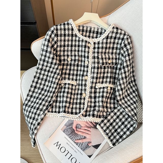 Contrasted Round-Neck Tweed Jacket