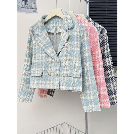 Lapel Double-Breasted Plaid Tweed Jacket