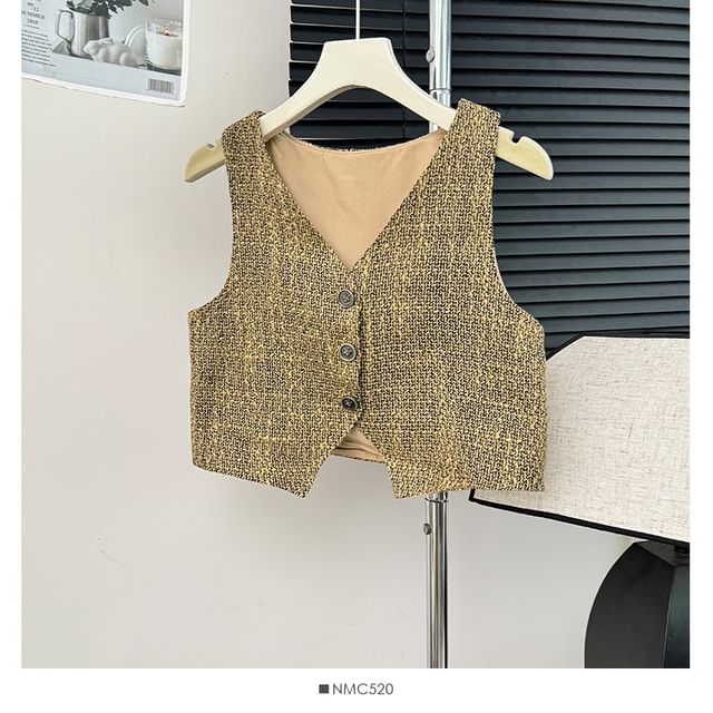 Button-Up V-Neck Tweed Vest