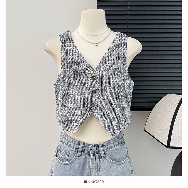 Button-Up V-Neck Tweed Vest