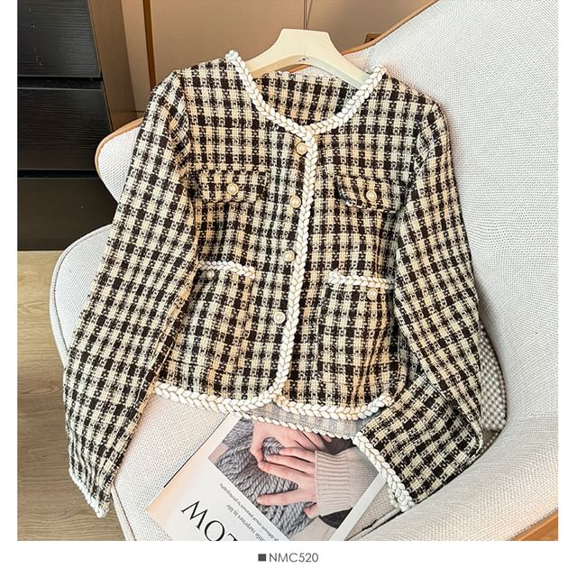 Contrasted Round-Neck Tweed Jacket