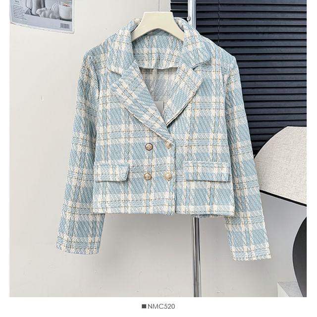 Lapel Double-Breasted Plaid Tweed Jacket