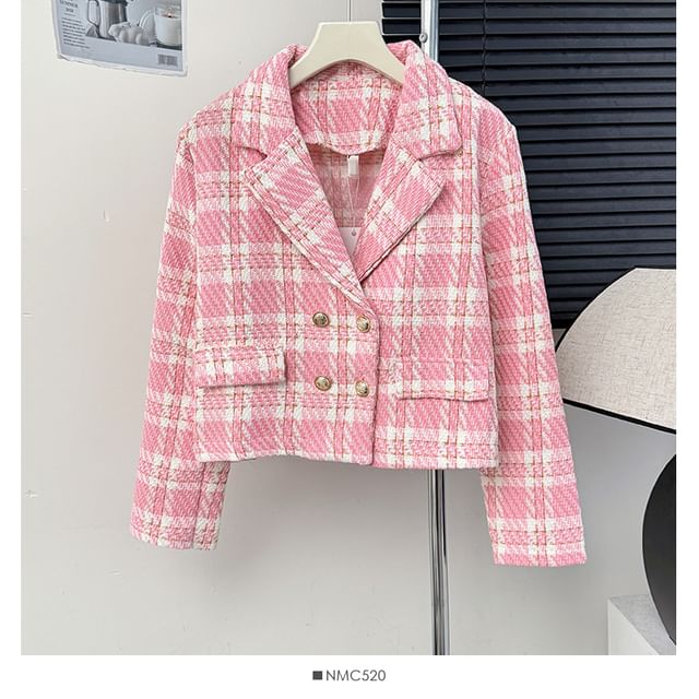 Lapel Double-Breasted Plaid Tweed Jacket
